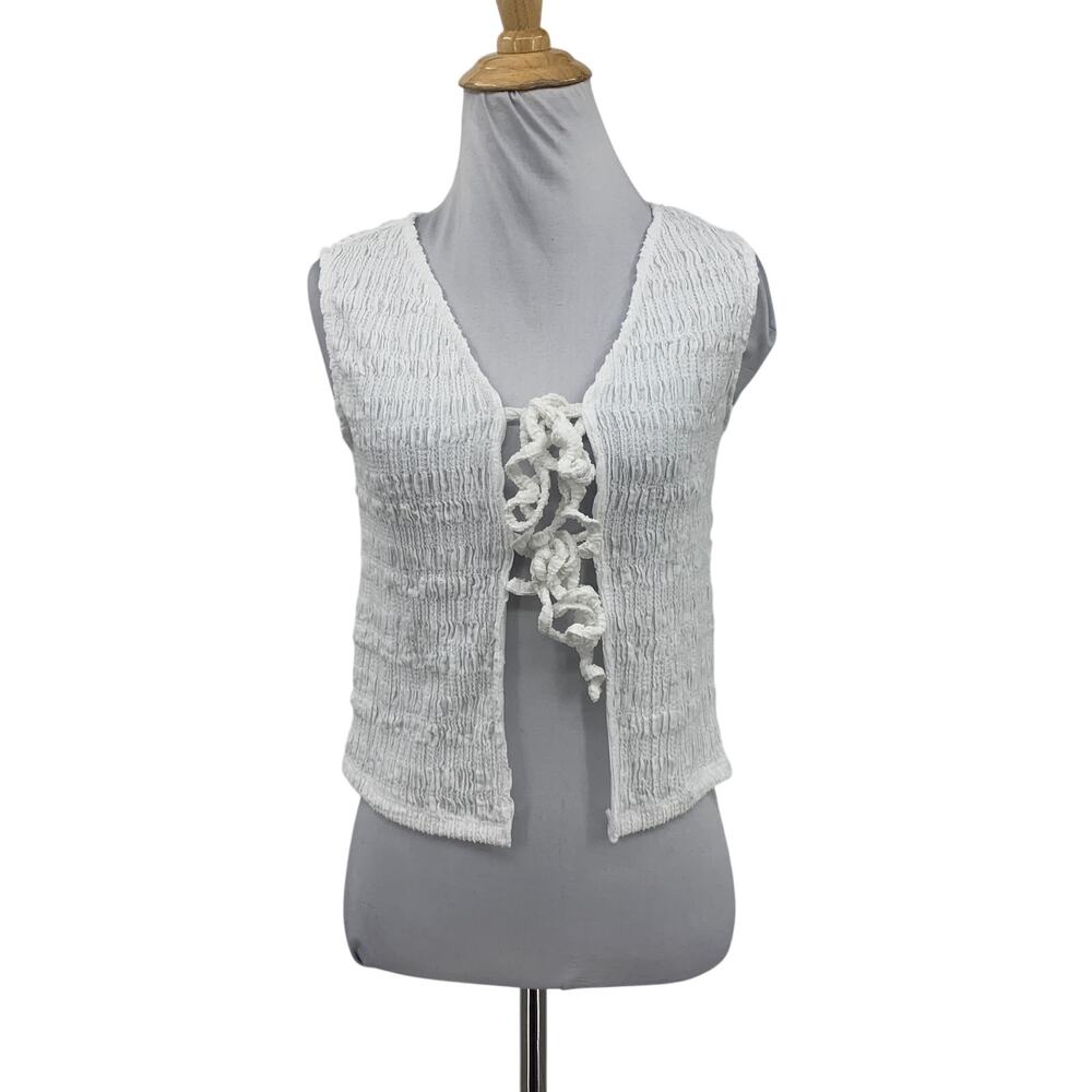 Anthropologie Tank Top Womens 2XS XXS White Front Tie Puckered Cropped Gauzy